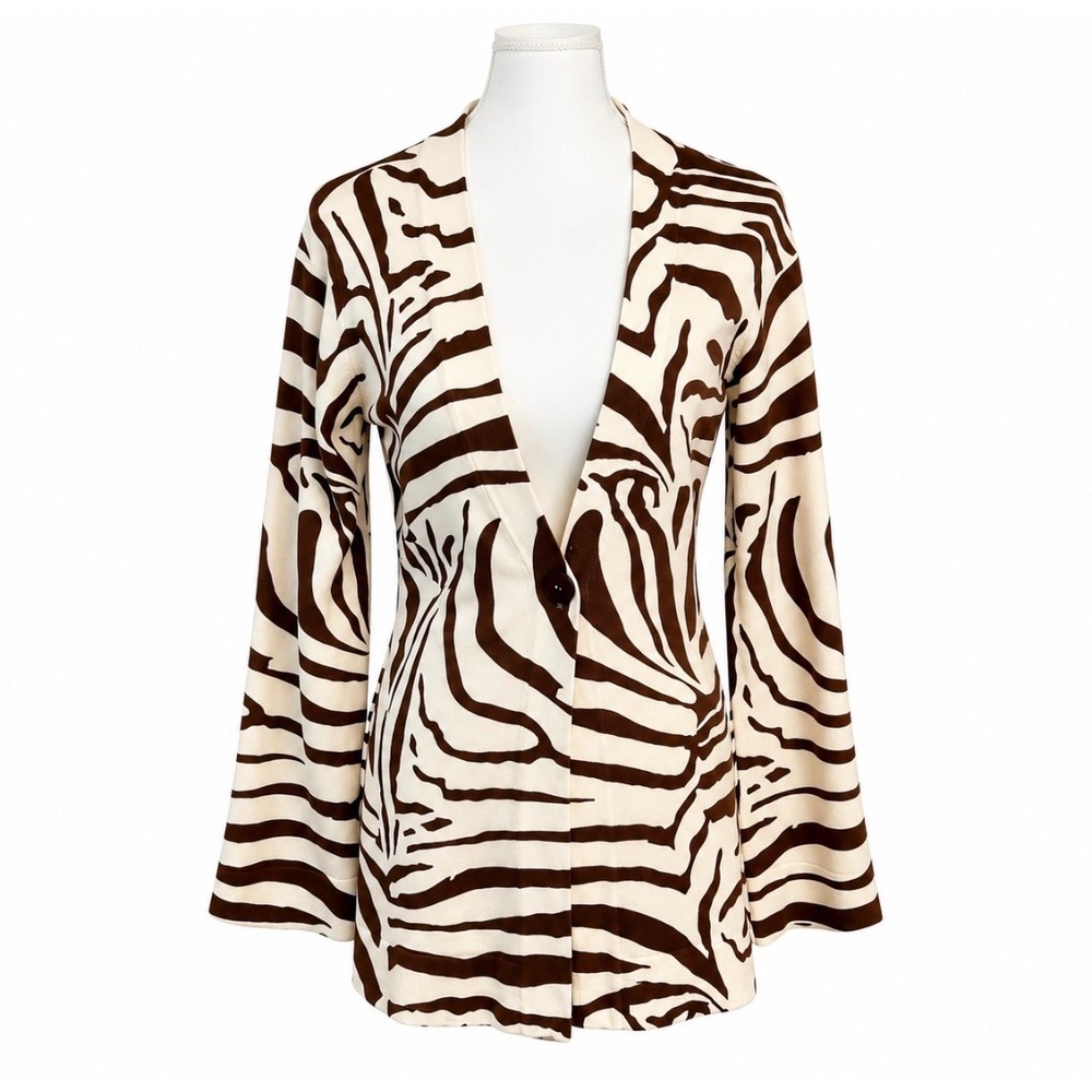 Usaq Women Zebra Print Cardigan Sweater S 100% Cashmere Brown Cream Flare Sleeve